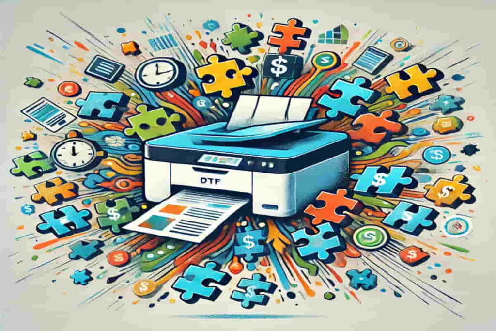 Illustration of a DTF printer as a puzzle, symbolizing the efficiency of gang sheet printing.